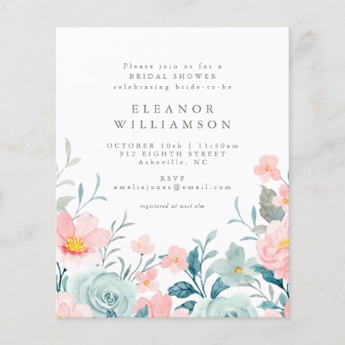 Budget Teal Watercolor Floral Bridal Shower Invite