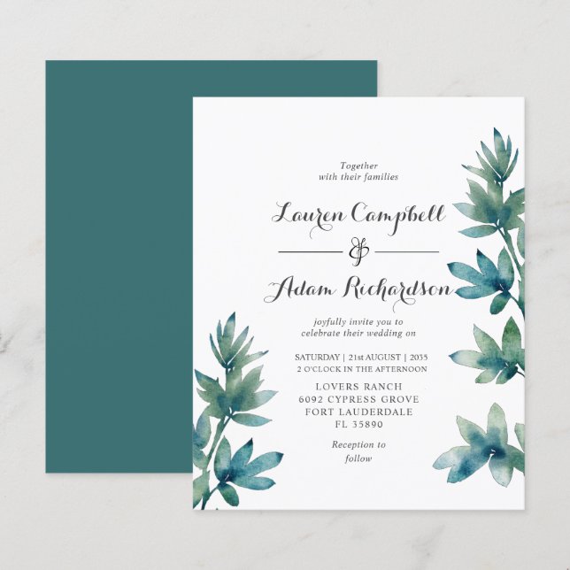 Budget Teal Watercolor Foliage Wedding Invitation (Front/Back)
