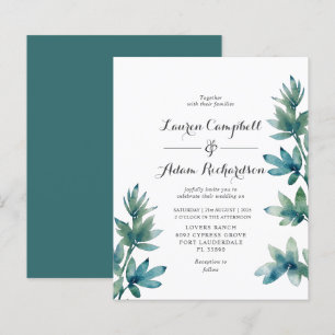 Budget Teal Watercolor Foliage Wedding Invitation
