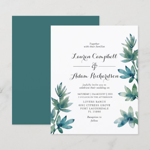 Budget Teal Watercolor Foliage Wedding Invitation