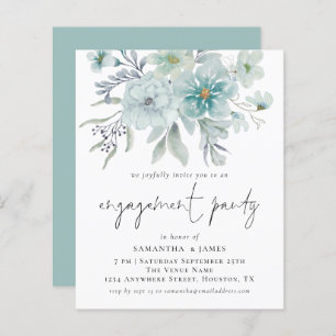 Budget Teal White Florals Engagement Party Invite