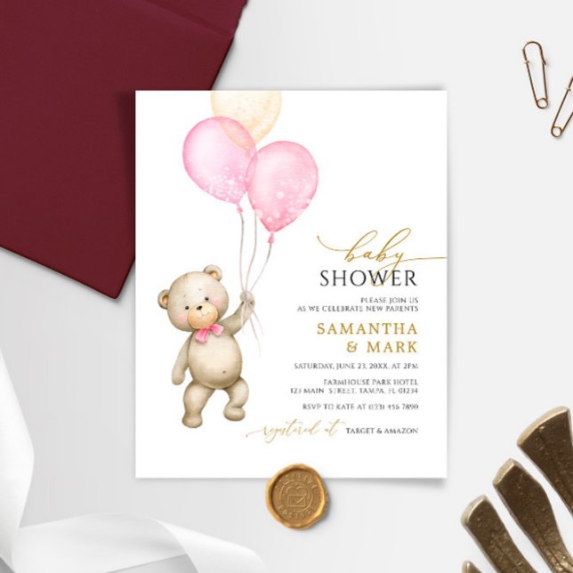 Budget Teddy Bear & Balloon Baby Shower Invitation (Creator Uploaded)