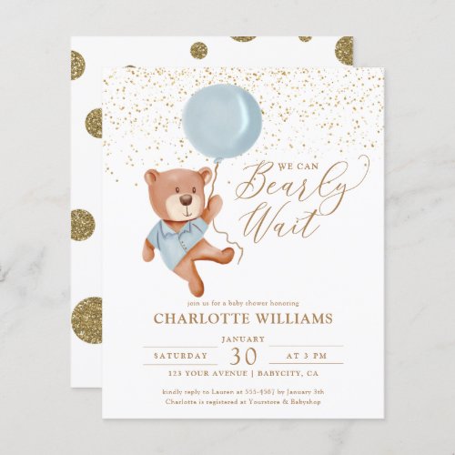 Budget Teddy Bear Boy Baby Shower Invitation