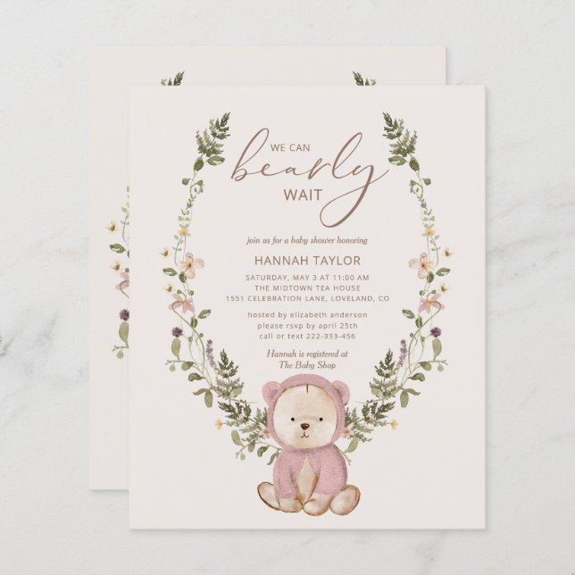 Budget Teddy Bear Pink Girls Baby Shower Invite (Front/Back)