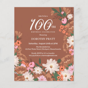 Budget Terracotta Floral 100th Birthday Invite