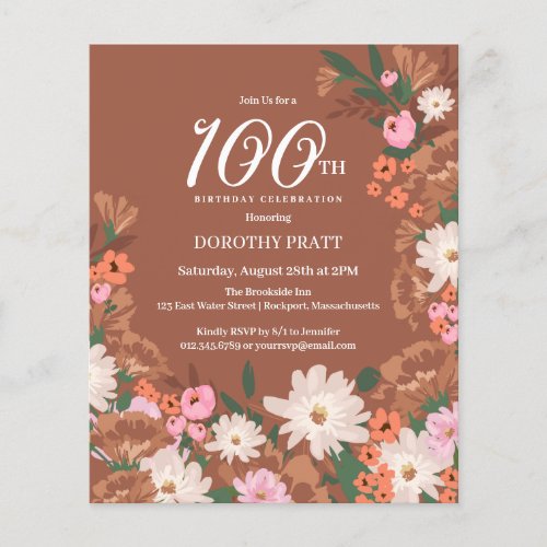 Budget Terracotta Floral 100th Birthday Invite