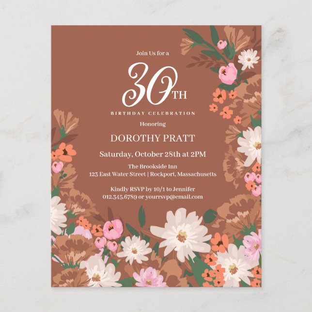 Budget Terracotta Floral 30th Birthday Invite (Front)