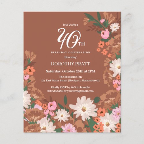 Budget Terracotta Floral 40th Birthday Invite
