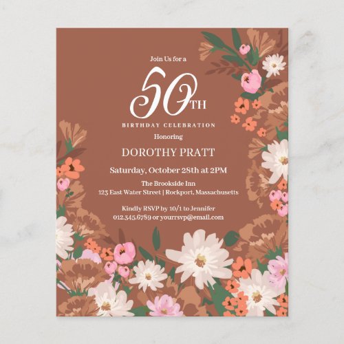 Budget Terracotta Floral 50th Birthday Invite