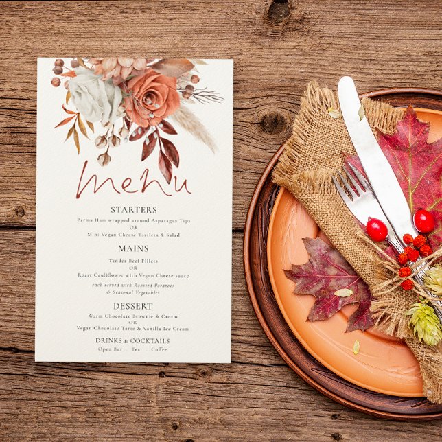 Budget Terracotta Florals Rustic Wedding Menu (Range of paper choices)
