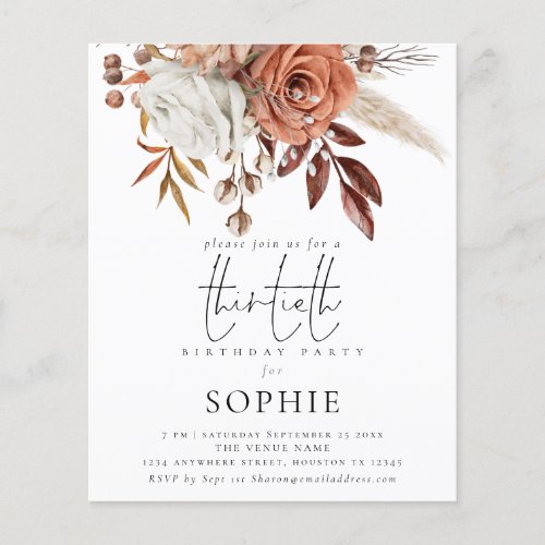 Budget Terracotta Florals Script 30th Party Invite