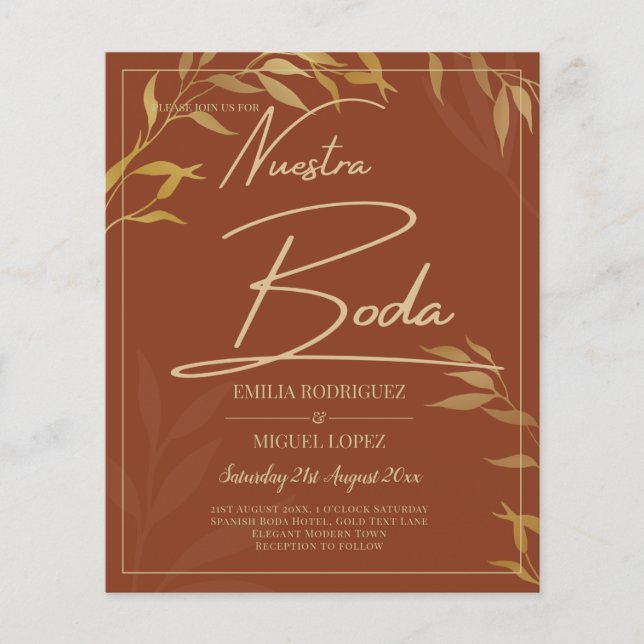 Budget Terracotta GOLD Nuestra Boda Spanish Weddin Flyer (Front)