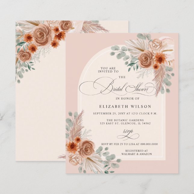 Budget Terracotta Pampas Bridal Shower Invitation (Front/Back)