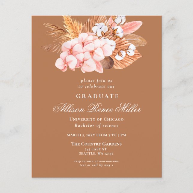 Budget Terracotta Pampas Graduation Invitation (Front)
