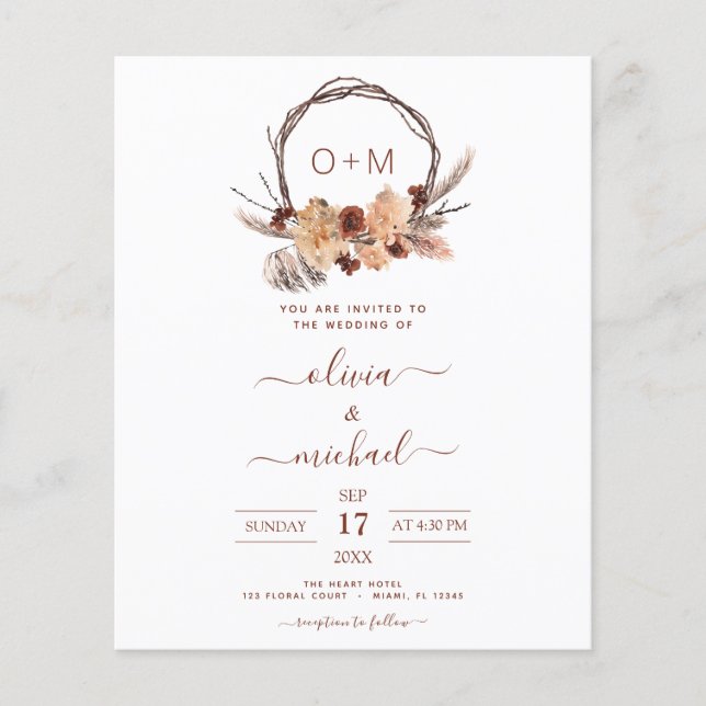 Budget Terracotta Pampas Grass Monogram Wedding Flyer (Front)