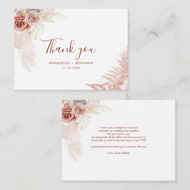 Budget Terracotta Pampas Grass Wedding Thank You Note Card (Front/Back)