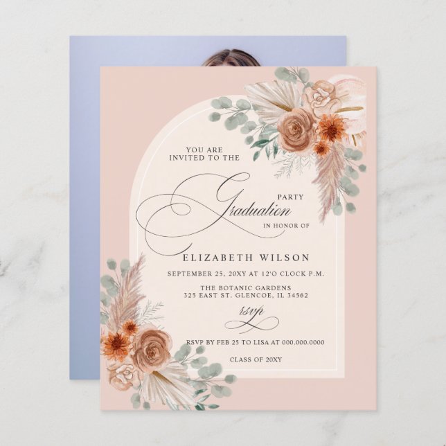 Budget Terracotta Pampas Photo Graduation Invite (Front/Back)