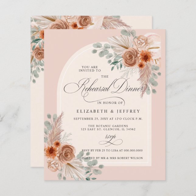Budget Terracotta Pampas Rehearsal Dinner Invite (Front/Back)