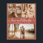 Budget Terracotta Photo Collage Wedding Thank You<br><div class="desc">Budget, Elegant, Hand Lettered Wedding Terracotta (3) Three Photo Collage Thank You personalized low budget affordable THIN card. Modern, stylish wedding thank you card template featuring three photo on the front and one photo on the back. With the text "Love and thanks" in a swirly handwritten typography script font with...</div>