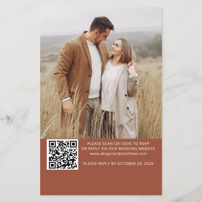 Budget Terracotta QR Code RSVP Wedding Invitation (Back)