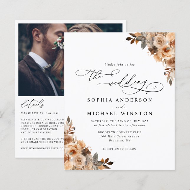 Budget Terracotta Rose Floral Photo Wedding Invite (Front/Back)
