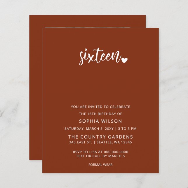 Budget Terracotta Script Sweet 16 Photo Invitation (Front/Back)