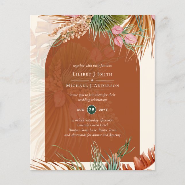 BUDGET Terracotta Tropical Pampas Grass Wedding Flyer (Front)