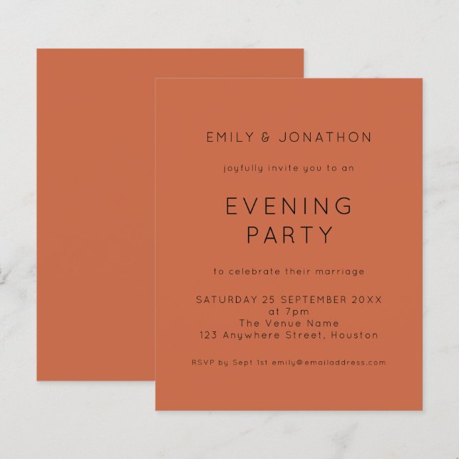 Budget Terracotta Wedding Evening Party Invite (Front/Back)