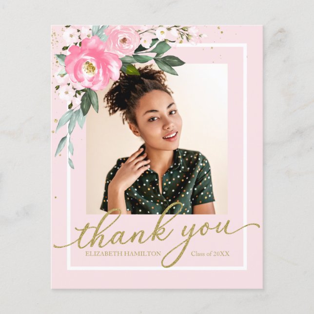 Budget Thank You Card Hot Pink Floral Grad Photo (Front)