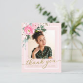 Budget Thank You Card Hot Pink Floral Grad Photo (Standing Front)