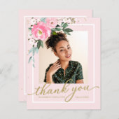 Budget Thank You Card Hot Pink Floral Grad Photo (Front/Back)