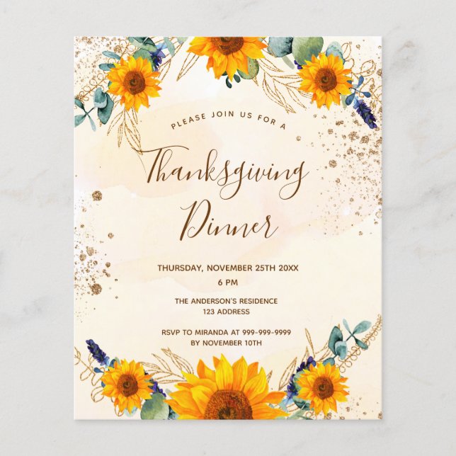 Budget Thanksgiving dinner sunflowers invitation (Front)