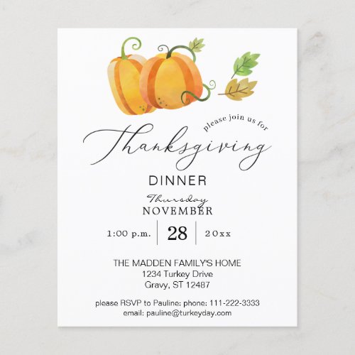 Budget Thanksgiving Duo Pumpkin Watercolor Dinner  Flyer