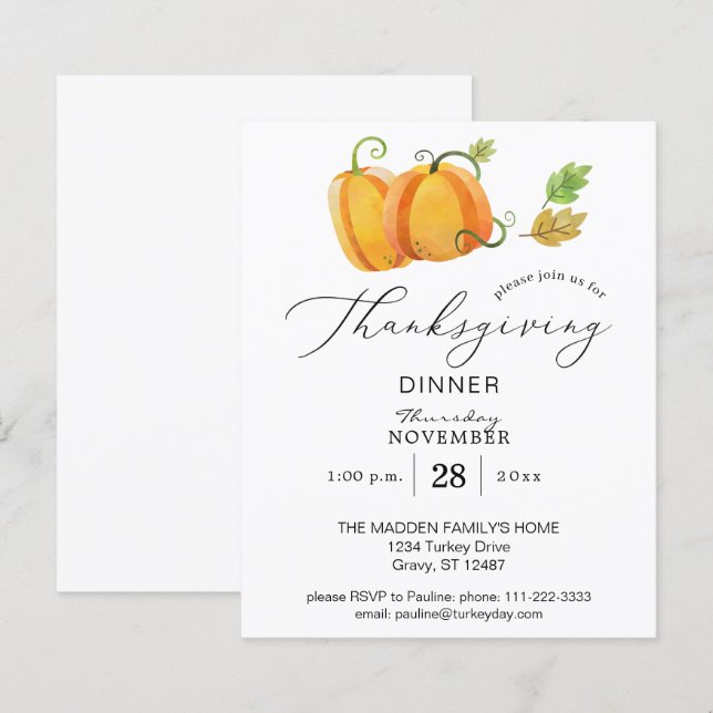 Budget Thanksgiving Pumpkin Duo Watercolor Dinner (Front/Back)