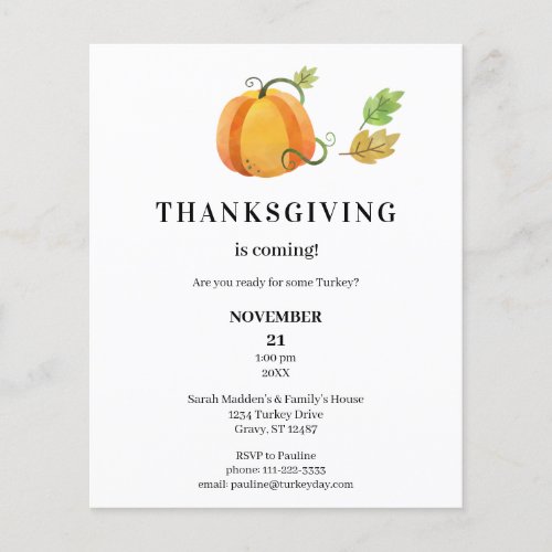 Budget Thanksgiving Pumpkin Watercolor Dinner Flyer