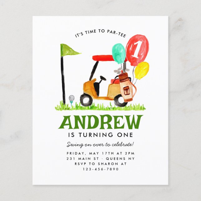 Budget Time to Par-tee Cart Balloon Golf Birthday Flyer (Front)