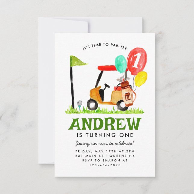 Budget Time to Par-tee Cart Balloon Golf Birthday Note Card (Front)