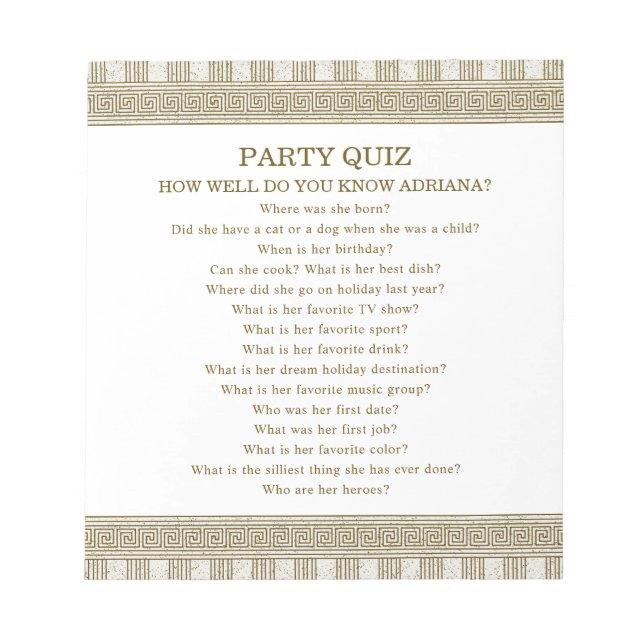 Budget Toga Party Quiz Notepad (Front)