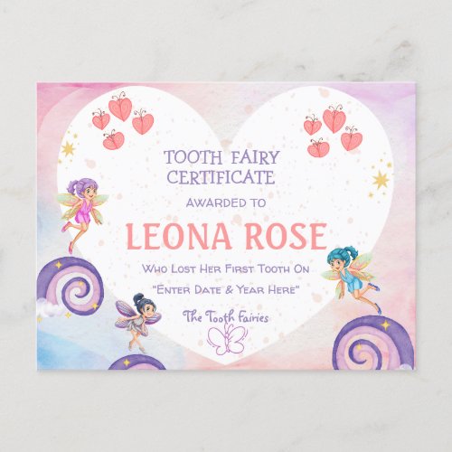 Budget Tooth Fairy Certificate For a Girl Editable Postcard