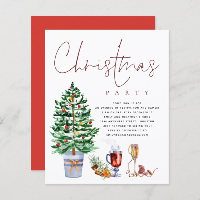 Budget Tree Drinks Script Christmas Party Invite (Front/Back)