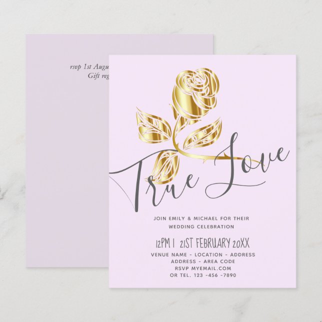 BUDGET Trending True Love Gold Rose Wedding Invite (Front/Back)