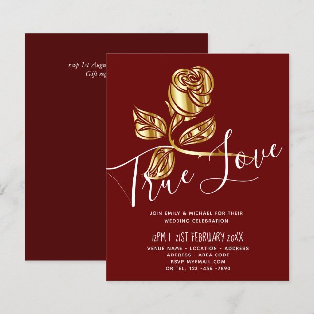 BUDGET Trending True Love Gold Rose Wedding Invite (Front/Back)