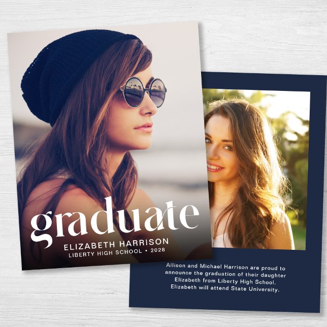 Budget Trendy 2 Photo Blue Graduation Announcement (Creator Uploaded)