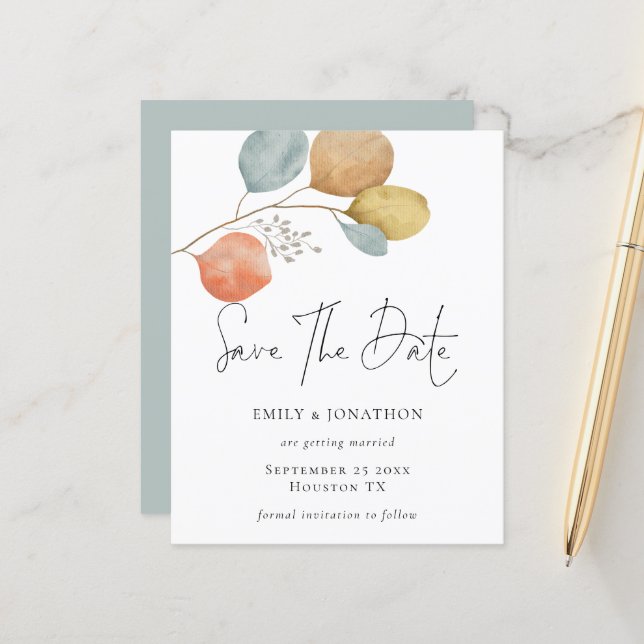 Budget Trendy Watercolor Leaves Save The Date (Front/Back In Situ)