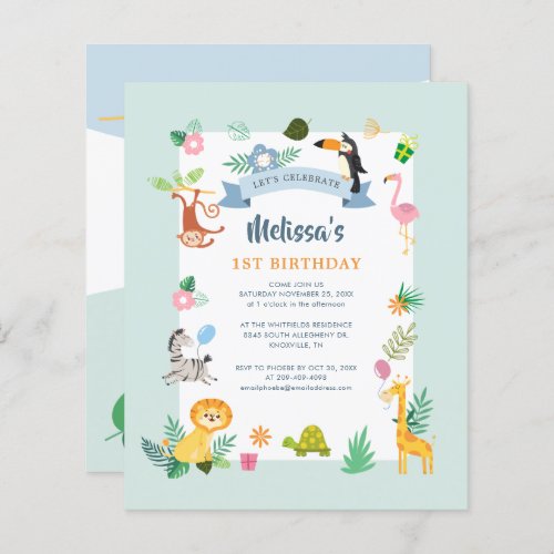 Budget Tropical Animals 1st Birthday Party Invite