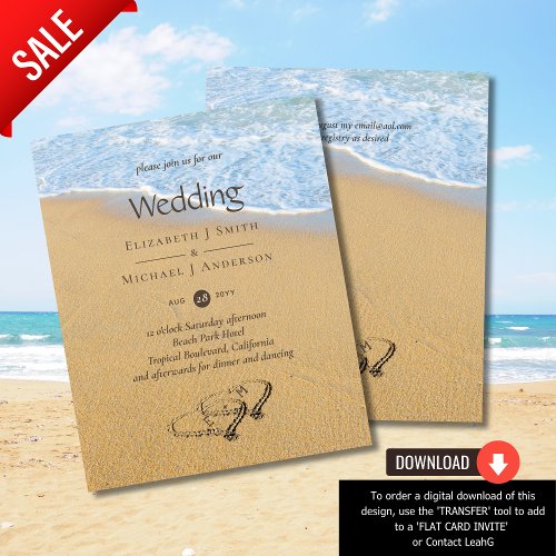 Budget Tropical Beach Hearts in Sand Wedding Invit