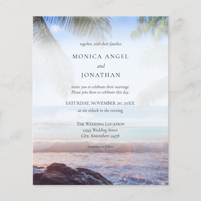 Budget Tropical Beach Palm Wedding Flyer (Front)