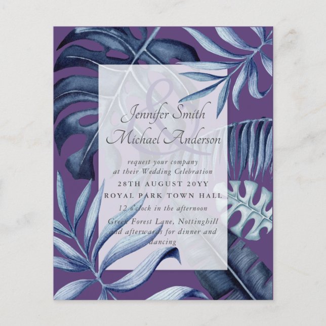 Budget Tropical Blue Purple Leaf Wedding (Front)