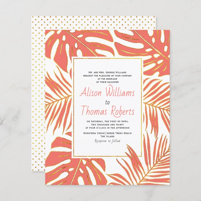 BUDGET tropical coral leaves wedding invitation (Front/Back)