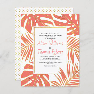 BUDGET tropical coral leaves wedding invitation